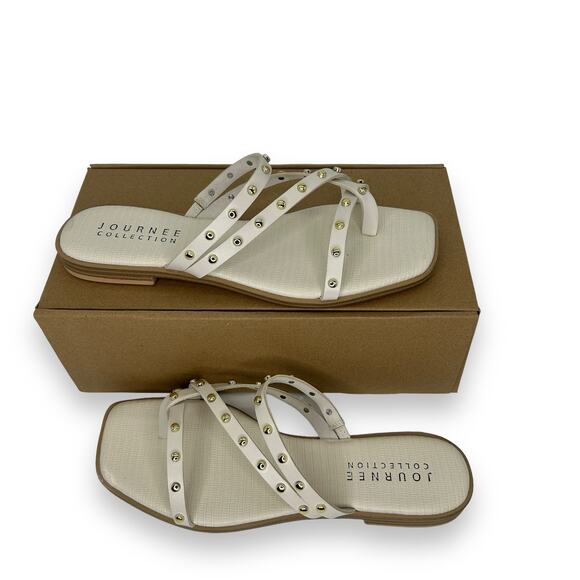 NEW Journee White Strappy Studded Sandals Size 10 Gold Beach Summer - Picture 3 of 10